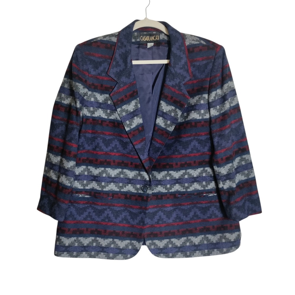 Vintage Casablanca II Southwestern Wool Blend Blazer Navy‎ Burgundy Grey 22W